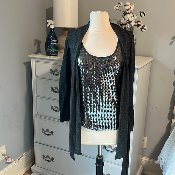 Sequin Top Tank Knit Long Sleeve Belted Charcoal Gray Womens Medium Tie Belt - Picture 6 of 16